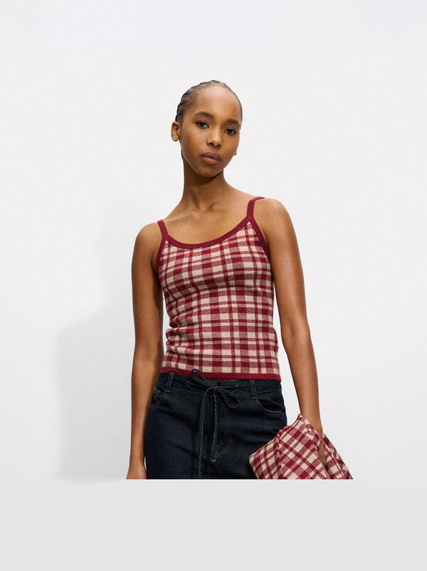 Jacquard knit top with checkered straps