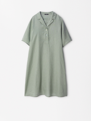 100% Linen Dress, Green, hi-res