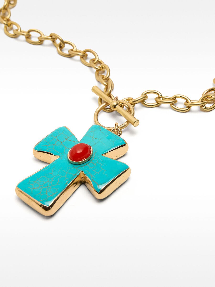 Link chain necklace with stone cross