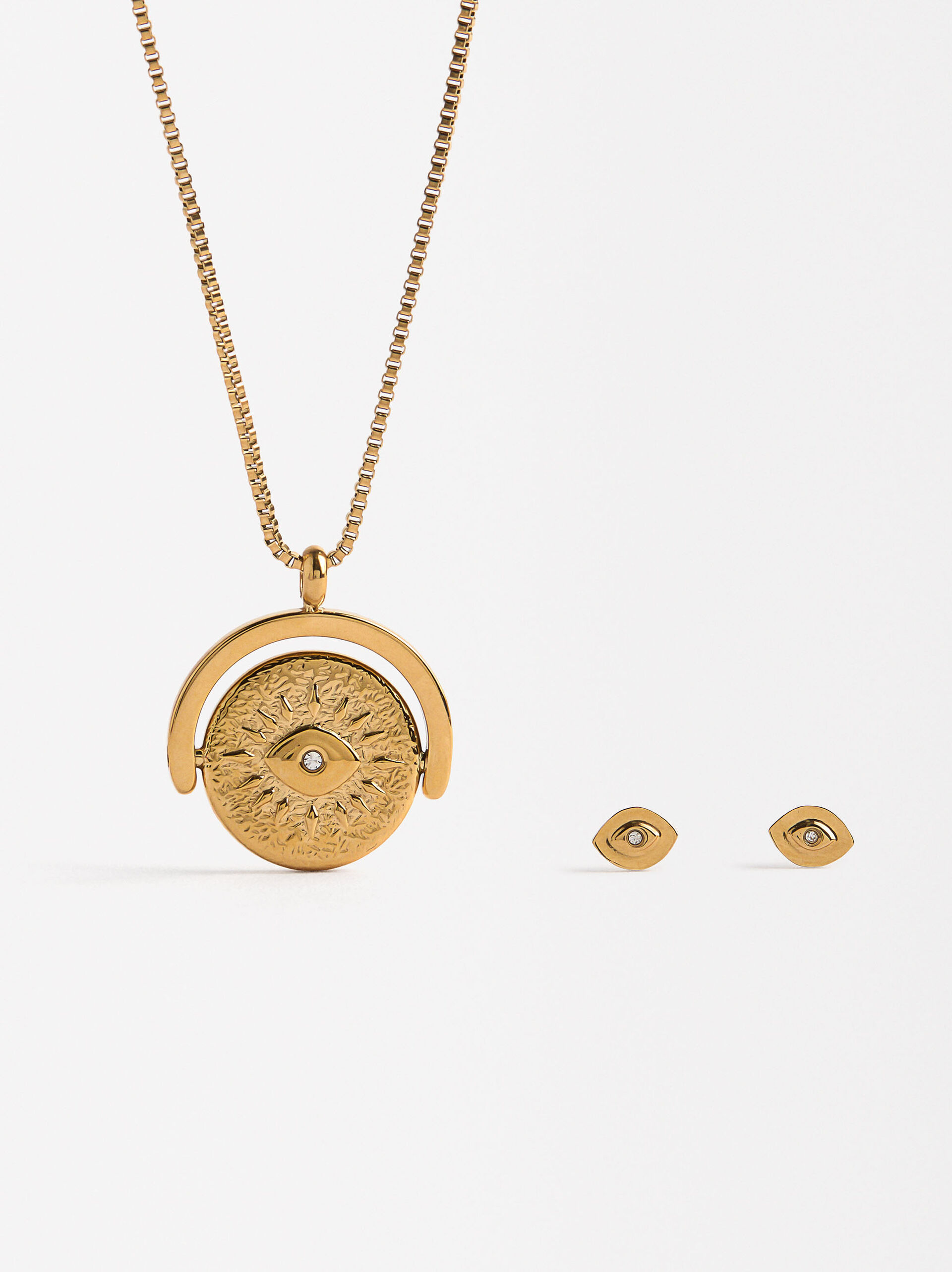 Spinner necklace and earrings set EYE - stainless steel image number 0.0