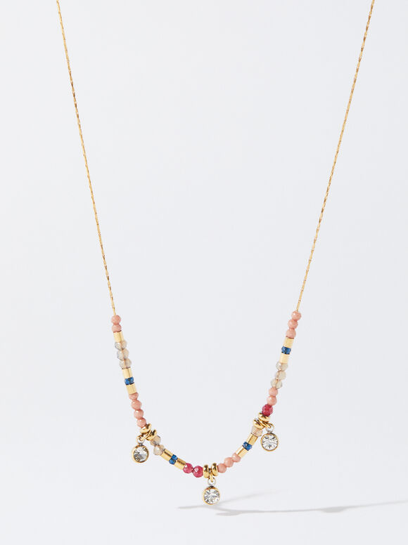 Silver Stainless Steel Necklace With Crystals, Multicolor, hi-res