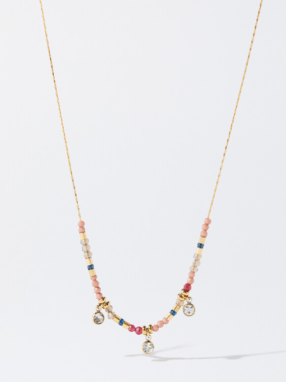 Silver Stainless Steel Necklace With Crystals, Multicolor, hi-res