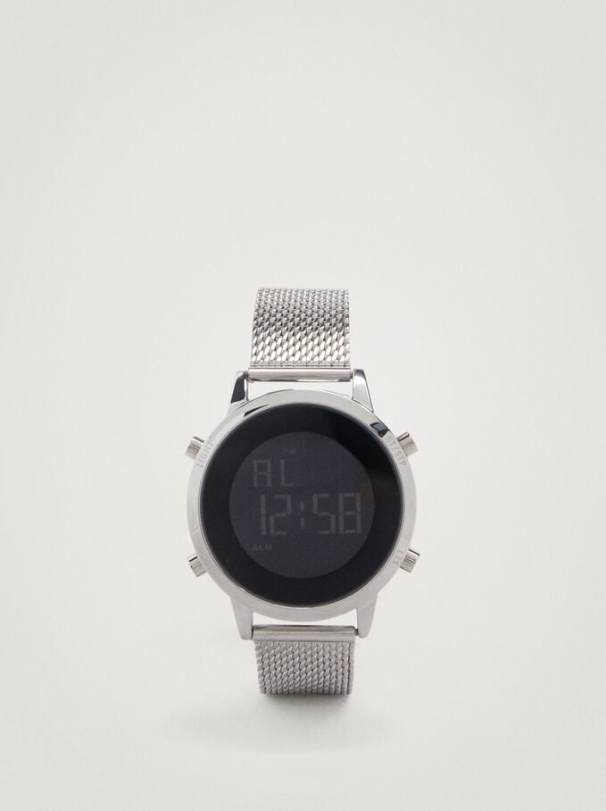 Digital Watch With Steel Wristband, Silver, hi-res