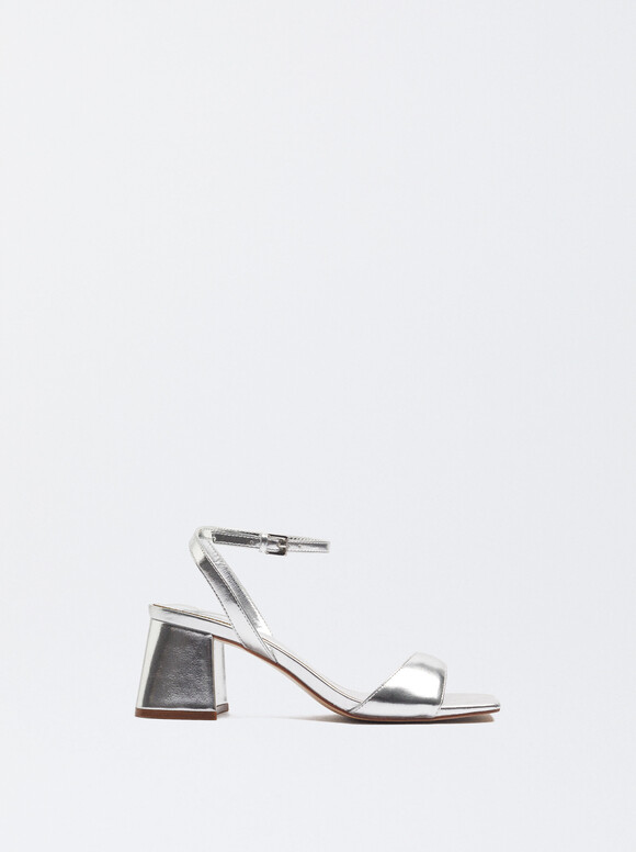 High-Heel Sandals With Ankle Straps, Silver, hi-res