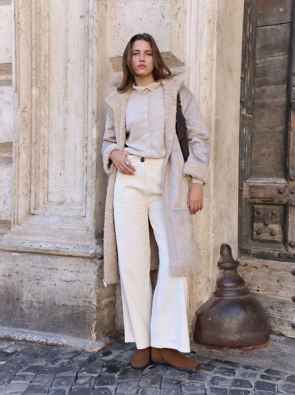 Long reversible leather-effect coat