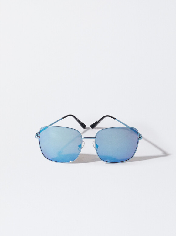 Óculos De Sol Metálicos, Azul, hi-res