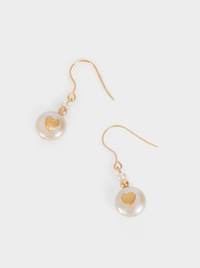 Pendientes Cortos De Plata 925 Perla Y Corazón, Beige 174995 Bg 2Y