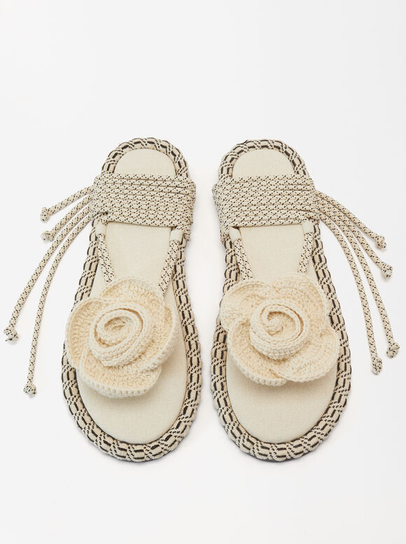 Crochet Strappy Sandals, Ecru, hi-res
