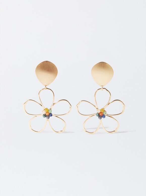 Gold Flower Earrings With Stones, Multicolor, hi-res