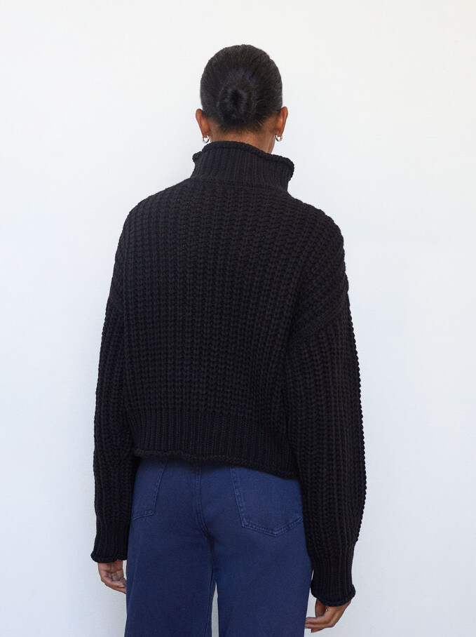 High-Neck Knit Sweater, Black, hi-res