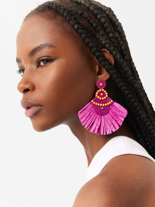 Raffia Earrings With Beads, Pink, hi-res
