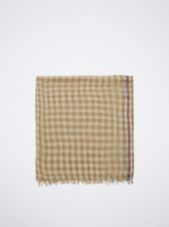 Gingham Scarf With Wool, Camel, hi-res