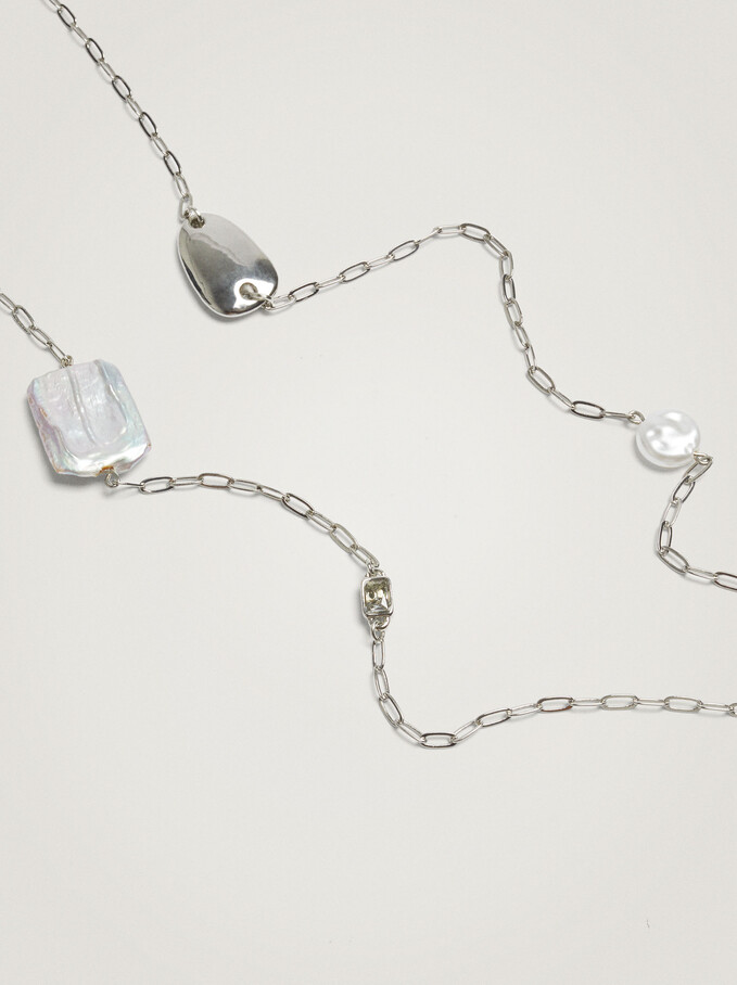Long Pearl Necklace, Silver, hi-res