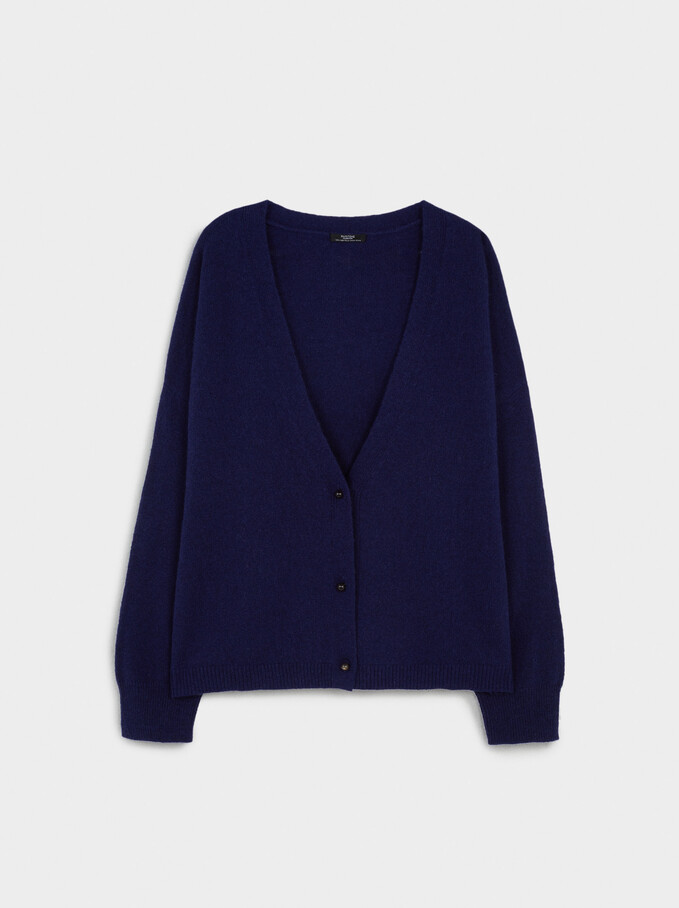 Knitted Cardigan With With Pearl Buttons, Blue, hi-res
