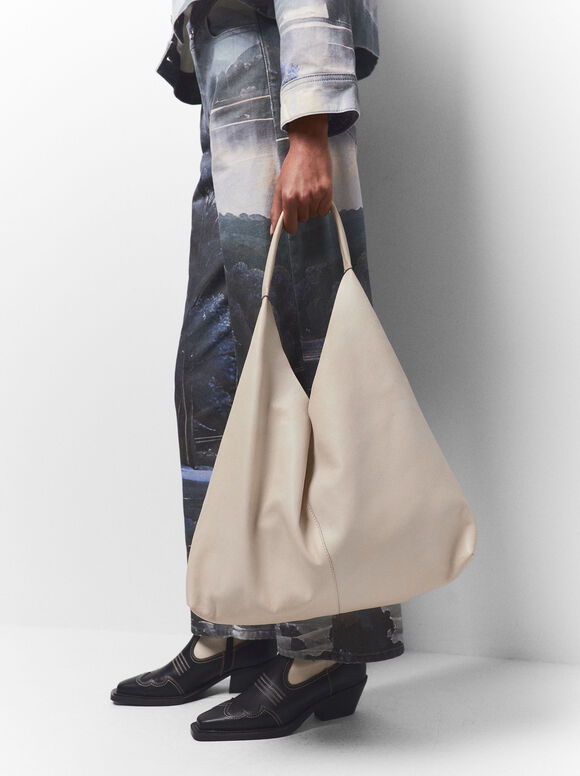 Online Exclusive - Leather Shoulder Bag, Ecru, hi-res