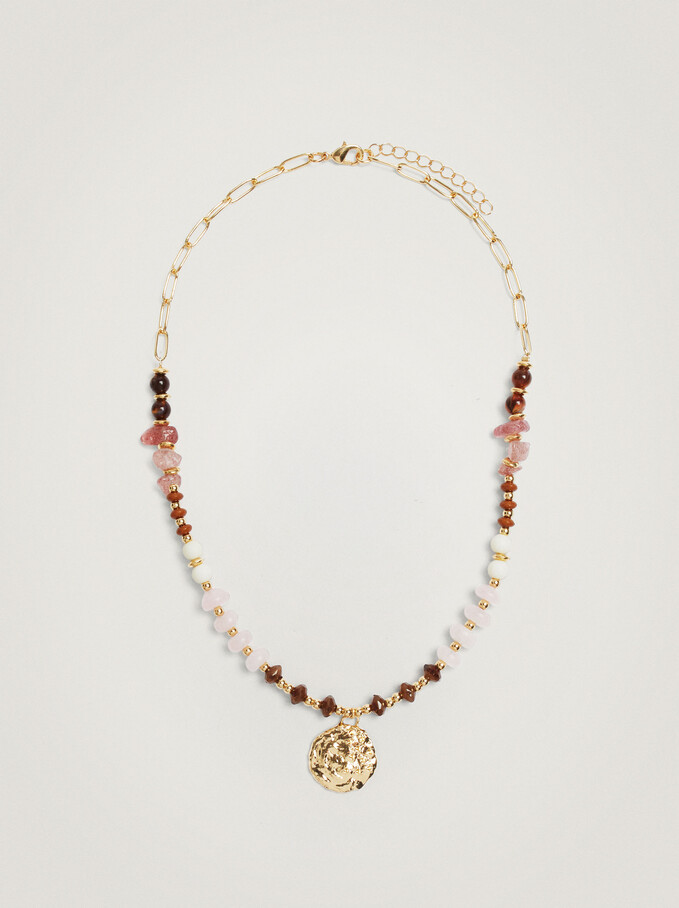 Short Necklace With Beads And Medallion, Multicolor, hi-res