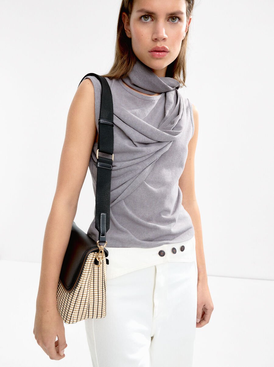 Striped straw effect crossbody bag