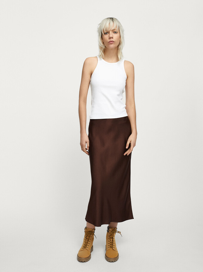 Long Satin Skirt, Brown, hi-res