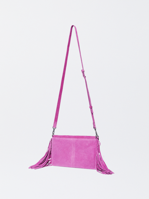 Leather Crossbody Bag With Fringes, Purple, hi-res