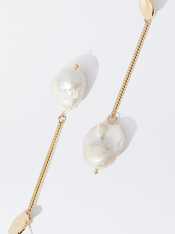 Gold-Toned Earrings With Freshwater Pearls, White, hi-res