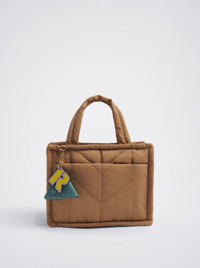 Nylon Tote Bag With Pendant, Camel, hi-res