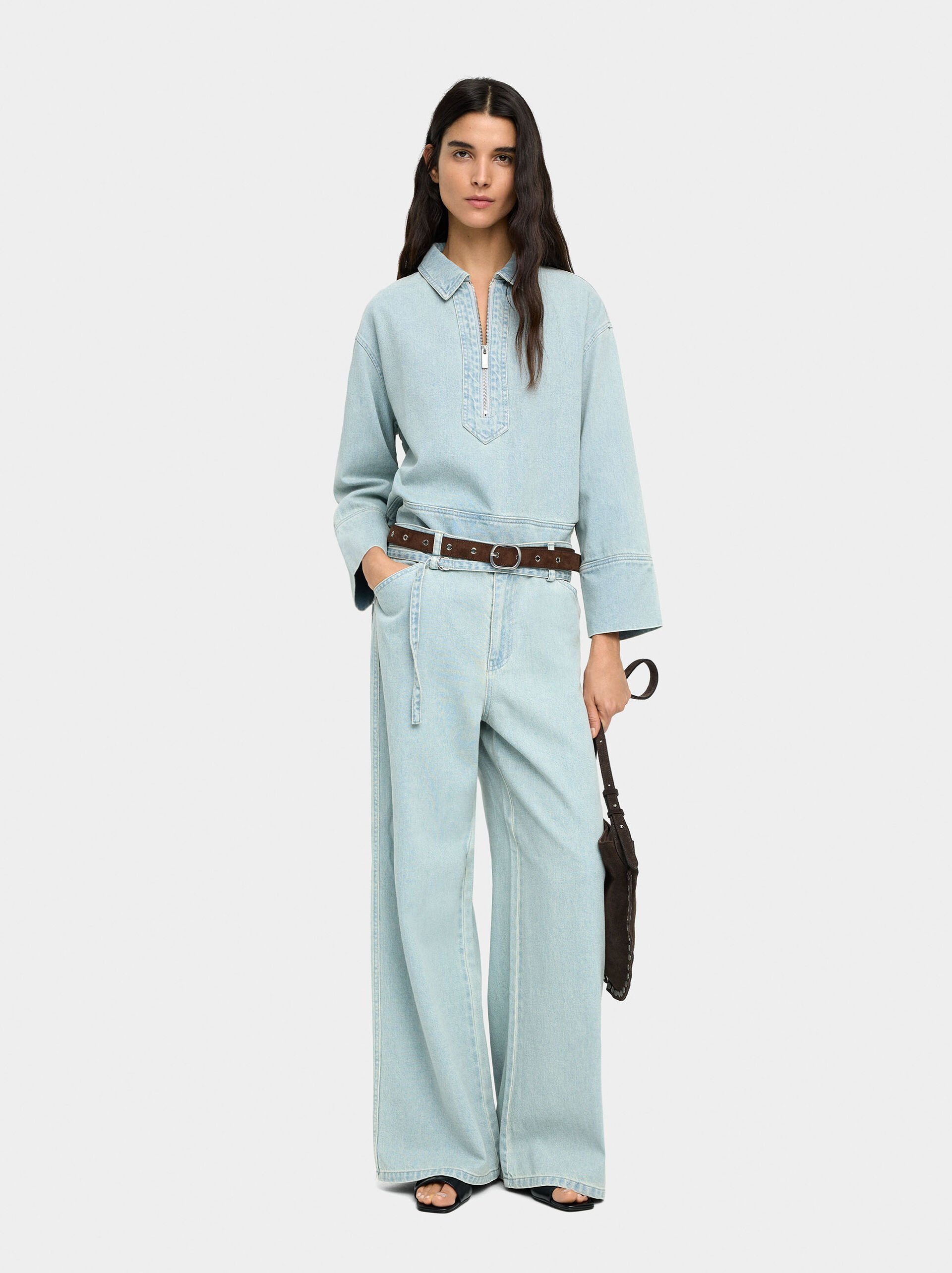 Straight denim trousers with belt image number 0.0