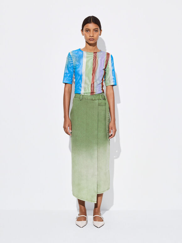 Denim Midi Skirt, Green, hi-res