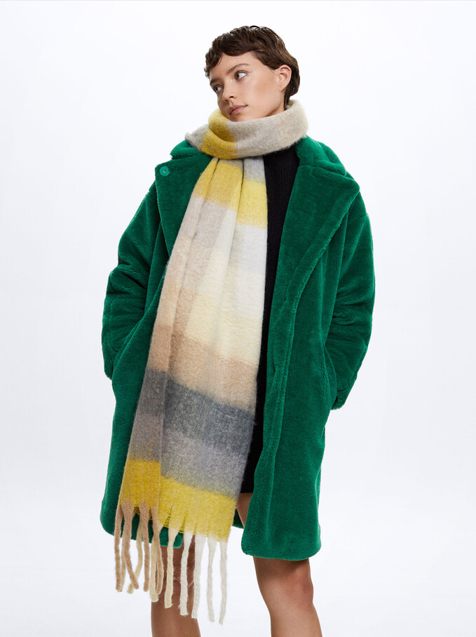 Large Scarf With Check Print, Yellow, hi-res