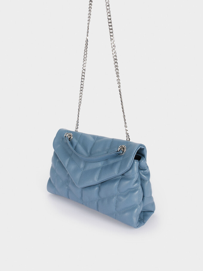 Quilted Shoulder Bag With Contrast Strap, Blue, hi-res