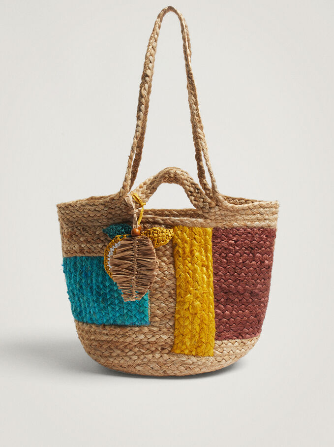 Straw Shopper Bag With Pendant, Beige, hi-res