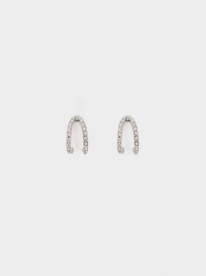 Small Hoop Earrings With Crystals, Silver, hi-res
