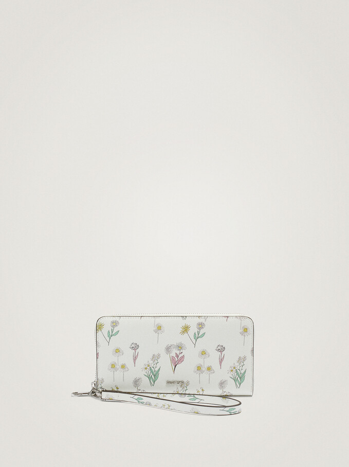 Längliche Brieftasche Mit Blumenprint, Ekrü, hi-res
