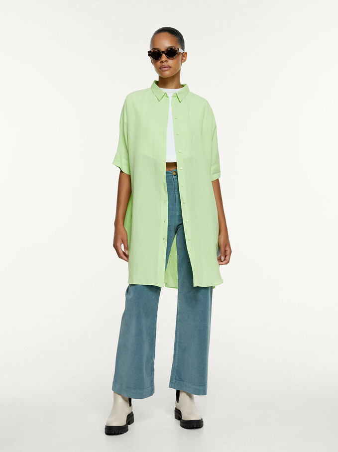 Linen Shirt Dress, Green, hi-res