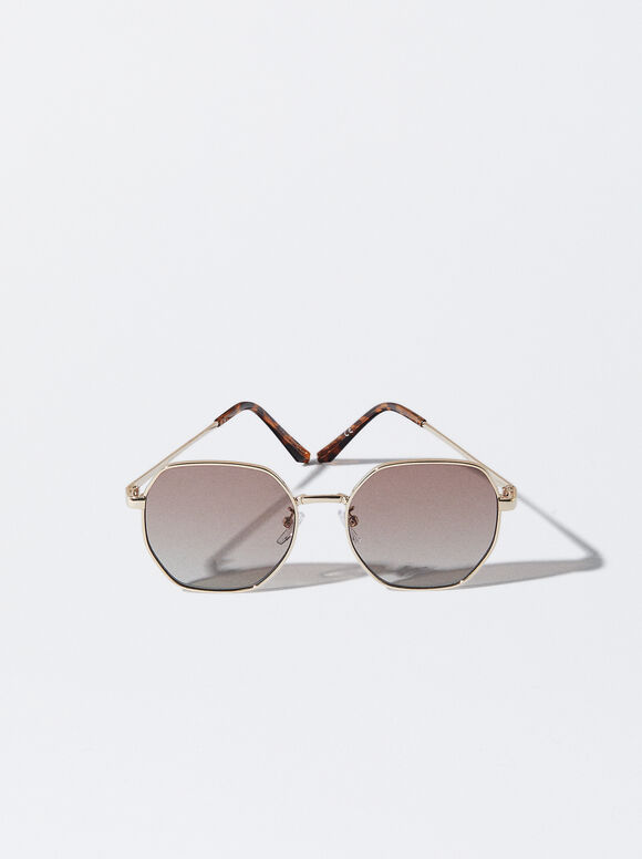 Sechseckige Metallische Sonnenbrille, Roségold, hi-res