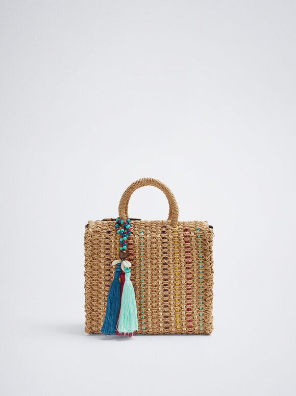 Straw Tote Bag With Detachable Pendant, Camel, hi-res