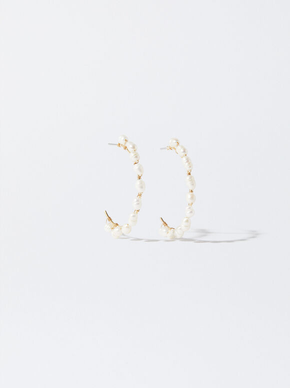 Gold-Toned Hoop Earrings With Freshwater Pearls, White, hi-res