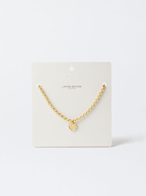18k Gold Plated Heart Link Necklace, Golden, hi-res
