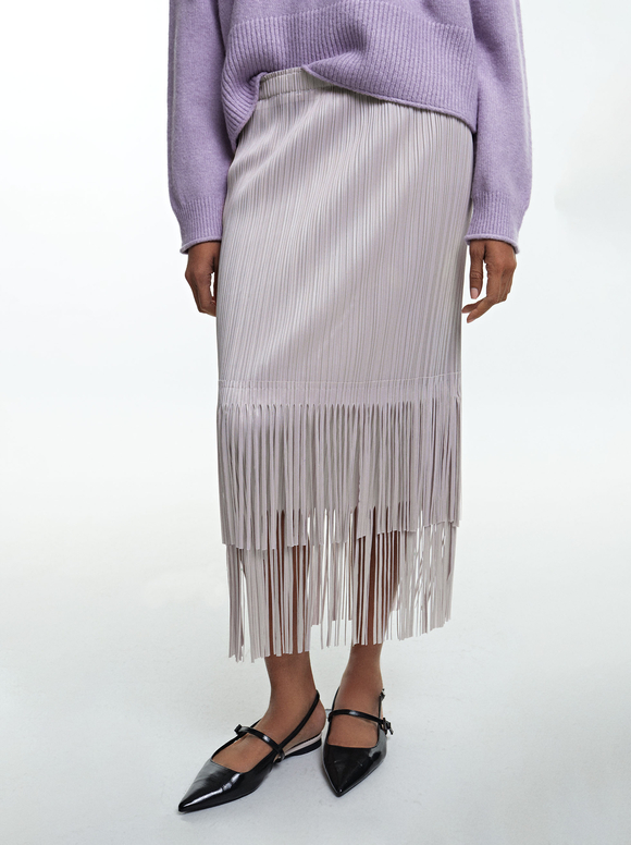 Pleated Skirt With Fringes, , hi-res