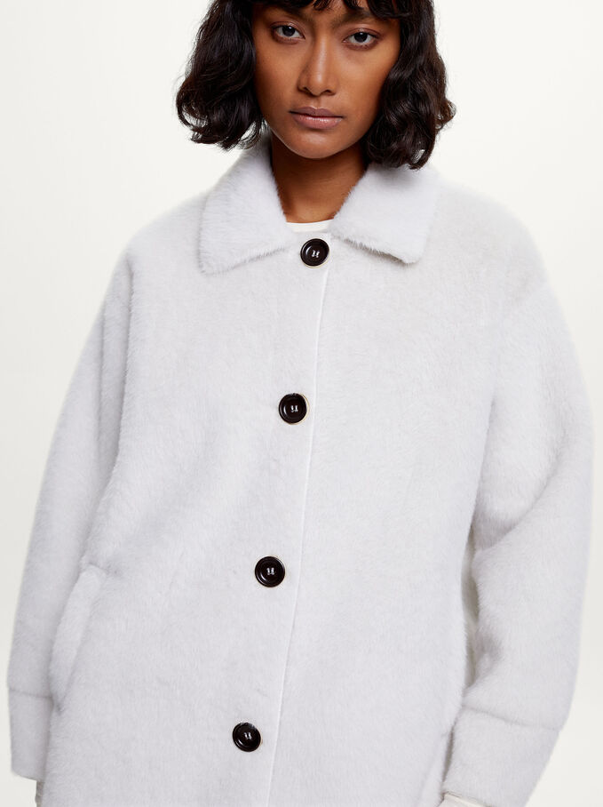Faux Fur Coat With Buttons, Ecru, hi-res