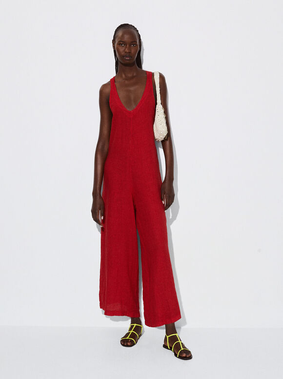 Long Linen Jumpsuit, Red, hi-res
