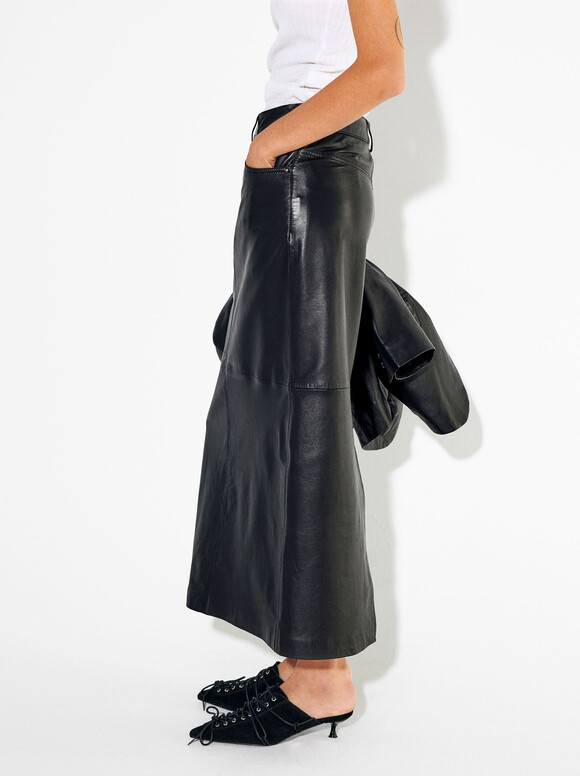 Online Exclusive - Leather Long Skirt, Black, hi-res