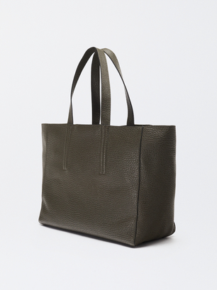 Leather Shopper Bag, Khaki, hi-res
