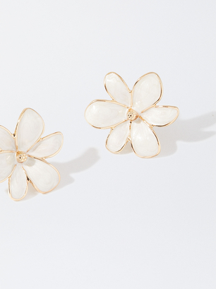 Enamel Flower Earrings, Beige, hi-res