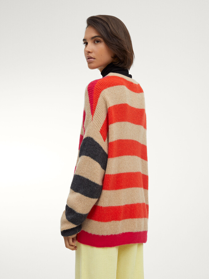 Striped Knitted Sweater, Ecru, hi-res
