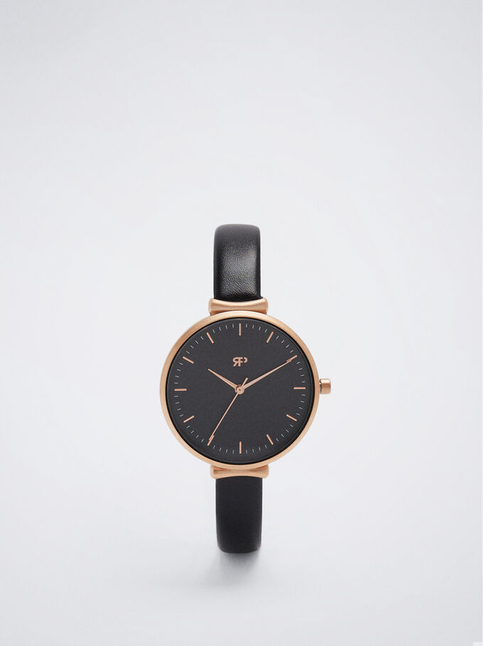 Watch With Leather Effect Wristband, Black, hi-res