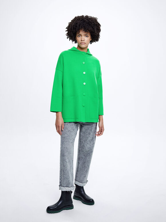 Hooded Knit Poncho, Green, hi-res