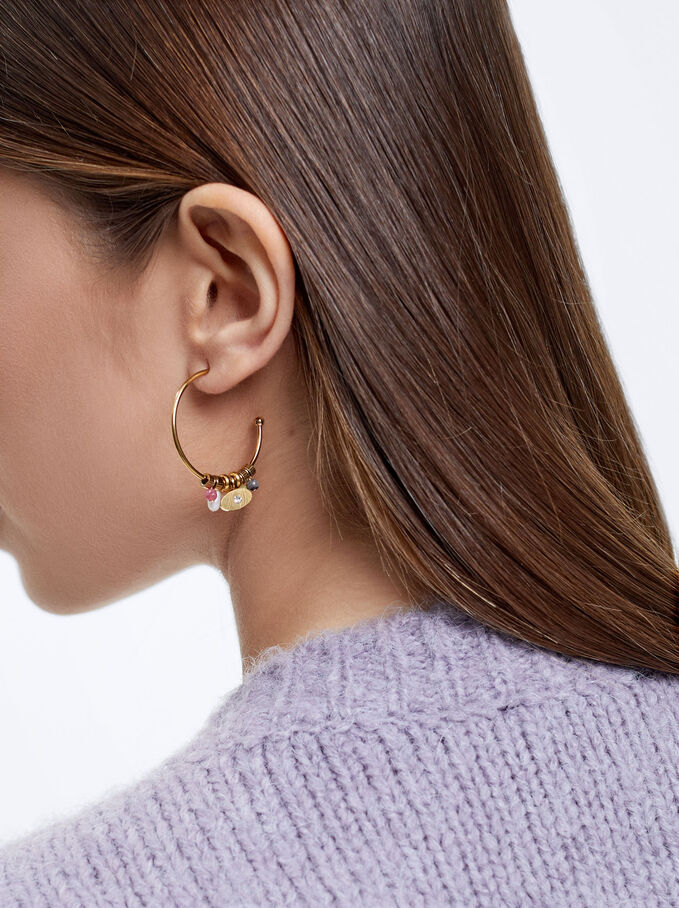 Stainless Steel Hoops With Semiprecious Stone, Multicolor, hi-res