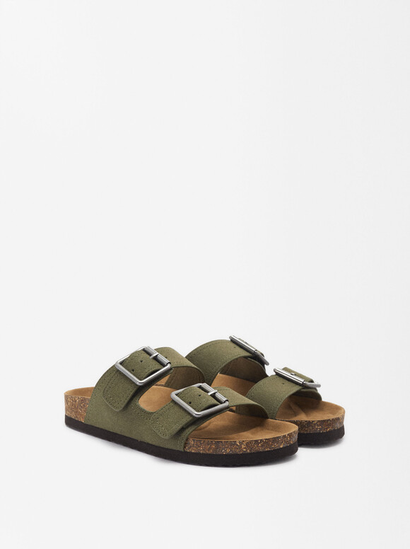 Flat Sandals With Buckle, Khaki, hi-res
