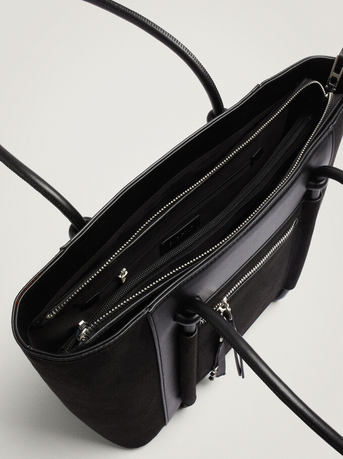 Suede Textured Shopper Bag With Strap, Black, hi-res