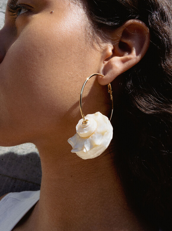 Seashell Hoop Earrings, White, hi-res